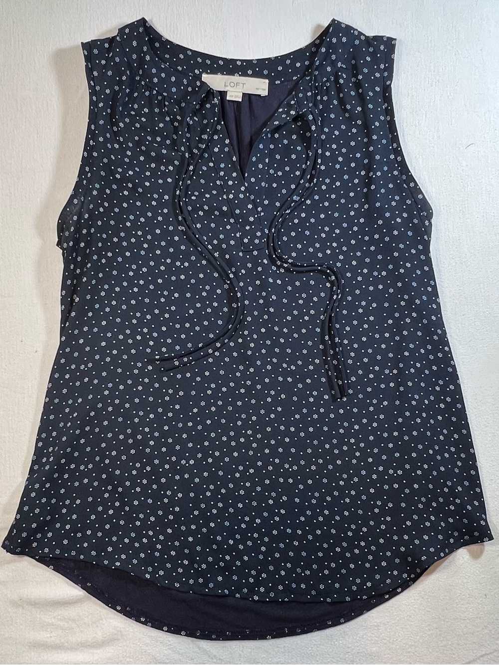 LOFT Petite Navy Sleeveless Tie-Neck Floral Print Top, Coquette, Office